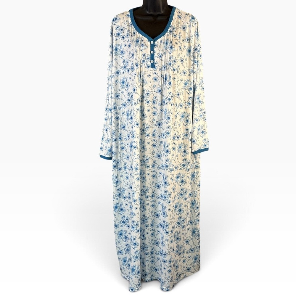 Ekouaer Womens XL Blue Floral Long Sleeve Henley Nightgown Pleated Sleepwear